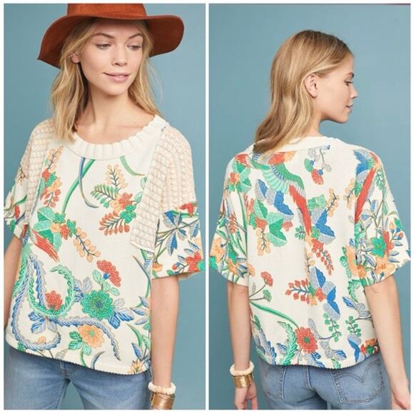 Anthropologie Tropical Floral Short‎ Sleeve Sweater Size Small - Picture 1 of 15